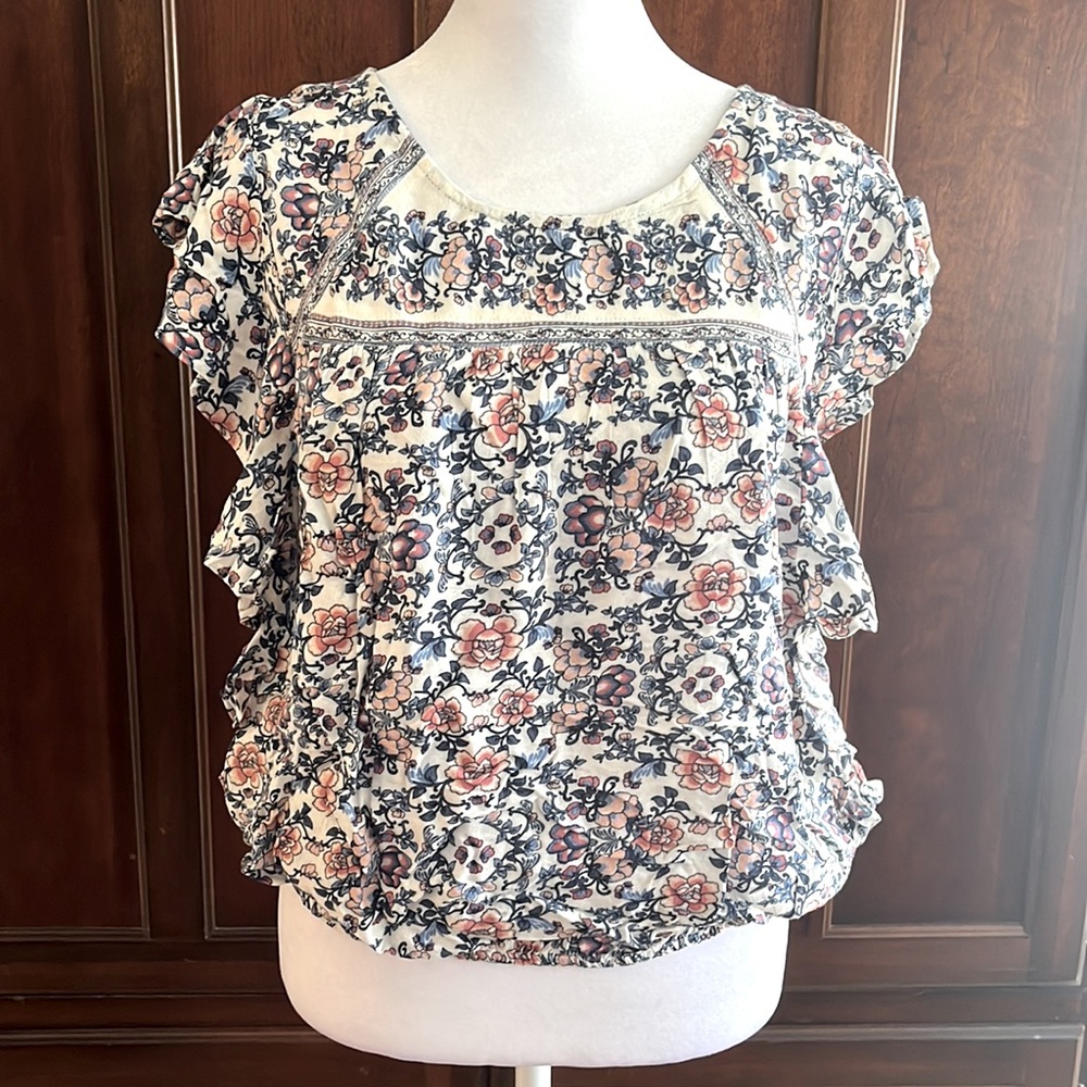 American Eagle Boho Floral Short Cap-Sleeve Top w/Ruffle Side-Trim & Elastic Hem